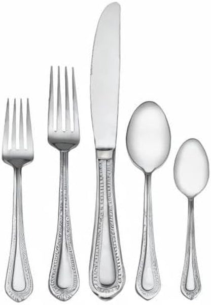 Regent Bead 65-Piece Silverware Set, 18/10 Stainless Steel Flatware Service for 12, Includes 5 Serving Tools, Dishwasher Safe Polished Cutlery