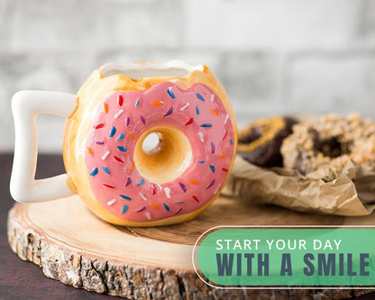 Ceramic Donut Mug – Pink Glaze with Sprinkles – Funny “MMM... Donuts!” Quote – 14 Oz Coffee Cup for Tea, Hot Chocolate, and More – Giftable Novelty Drinkware