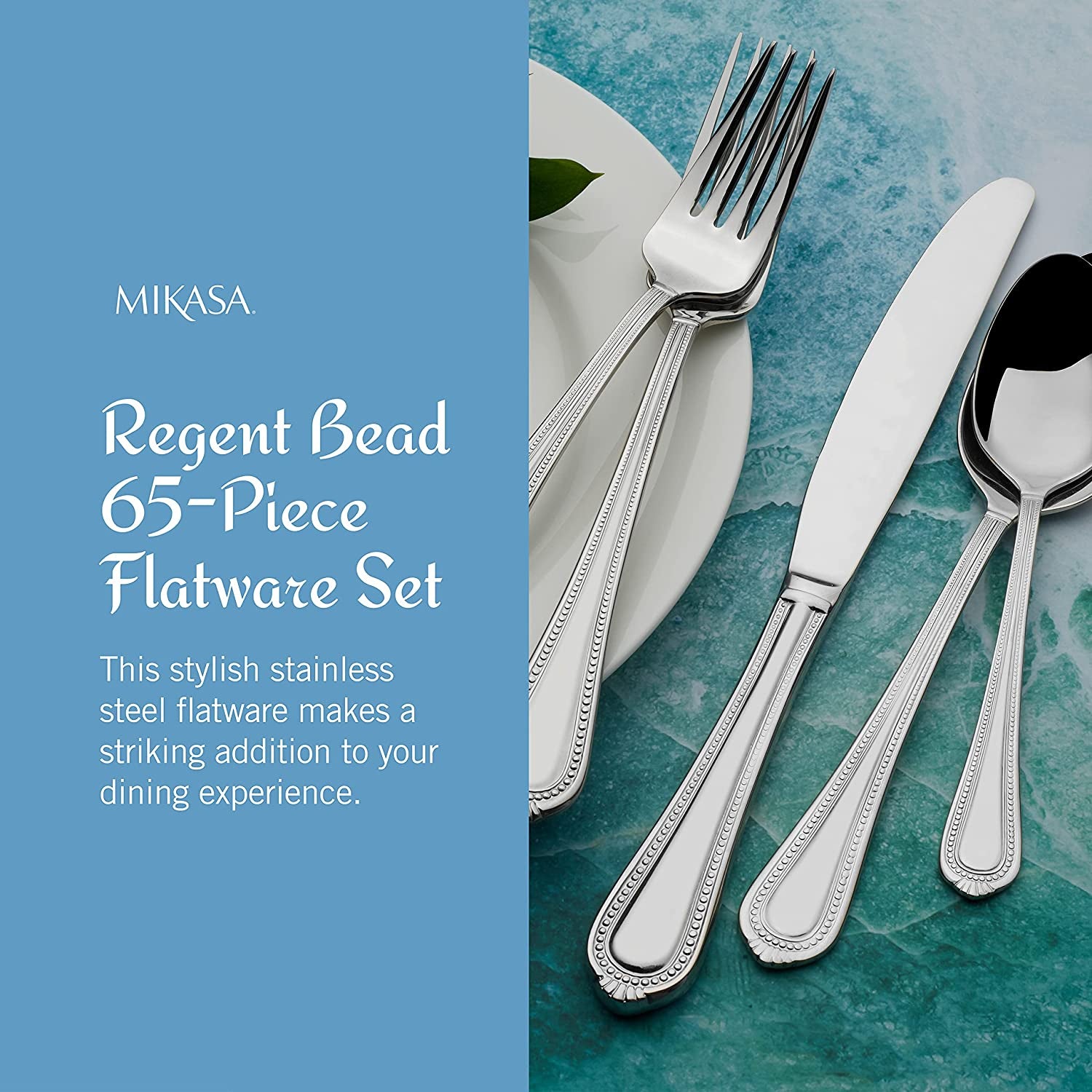 Regent Bead 65-Piece Silverware Set, 18/10 Stainless Steel Flatware Service for 12, Includes 5 Serving Tools, Dishwasher Safe Polished Cutlery