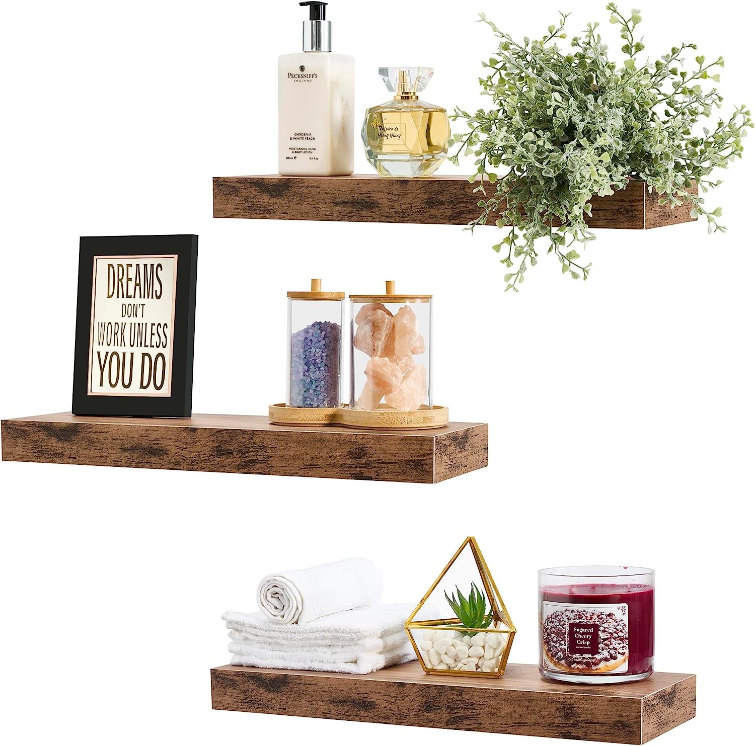 Floating Shelves for Kitchen, Bedroom, Bathroom Storage - Wall Mounted, over Toilet, Hanging Book Shelf for Living Room (Mahogany, 3 Pack)