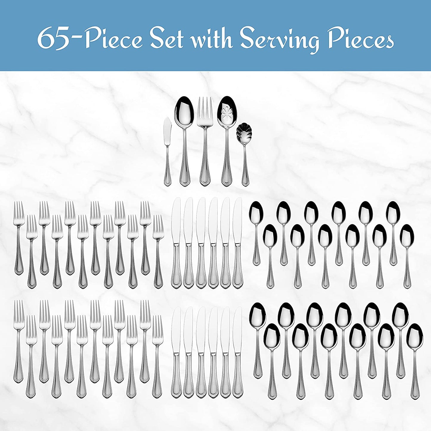 Regent Bead 65-Piece Silverware Set, 18/10 Stainless Steel Flatware Service for 12, Includes 5 Serving Tools, Dishwasher Safe Polished Cutlery