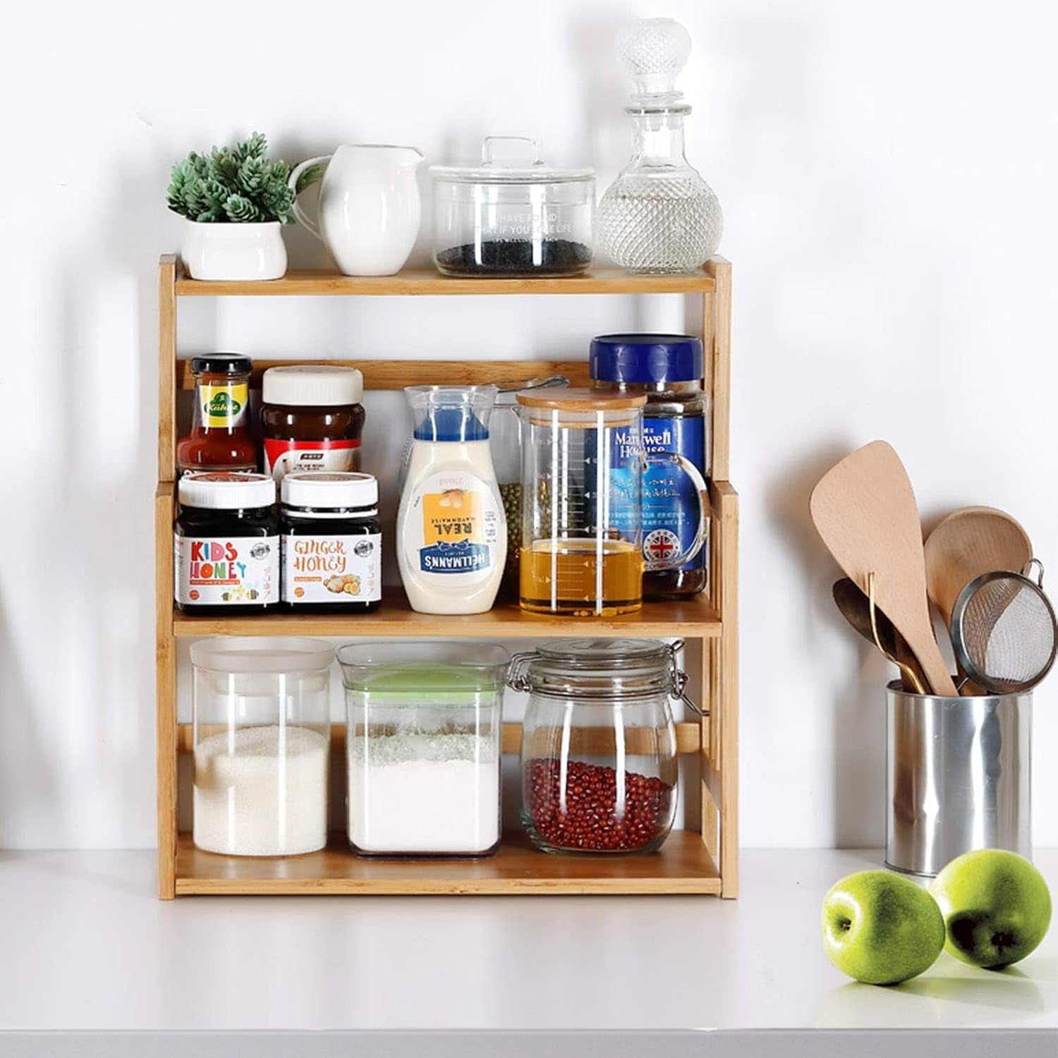 Bamboo Spice Rack 3-Tier Kitchen Countertop Organizer, Adjustable Shelf Pantry Storage Stand for Herbs, Jars, and Bottles