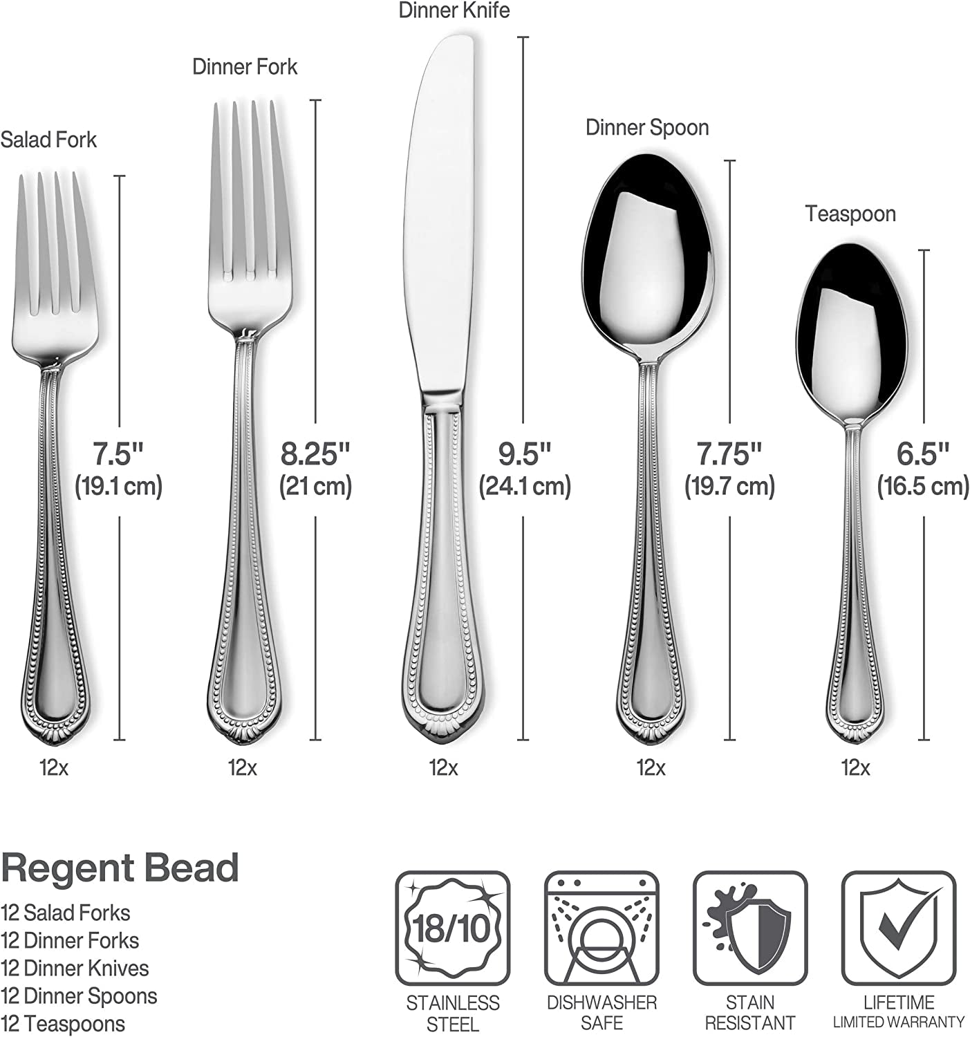 Regent Bead 65-Piece Silverware Set, 18/10 Stainless Steel Flatware Service for 12, Includes 5 Serving Tools, Dishwasher Safe Polished Cutlery