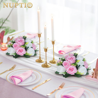Flower Centerpieces for Wedding Tables: Pink & White Artificial Flower Ball Arrangement for Weddings Party - 2 Pcs Fake Floral Rose for Birthday Bridal Shower Decorations