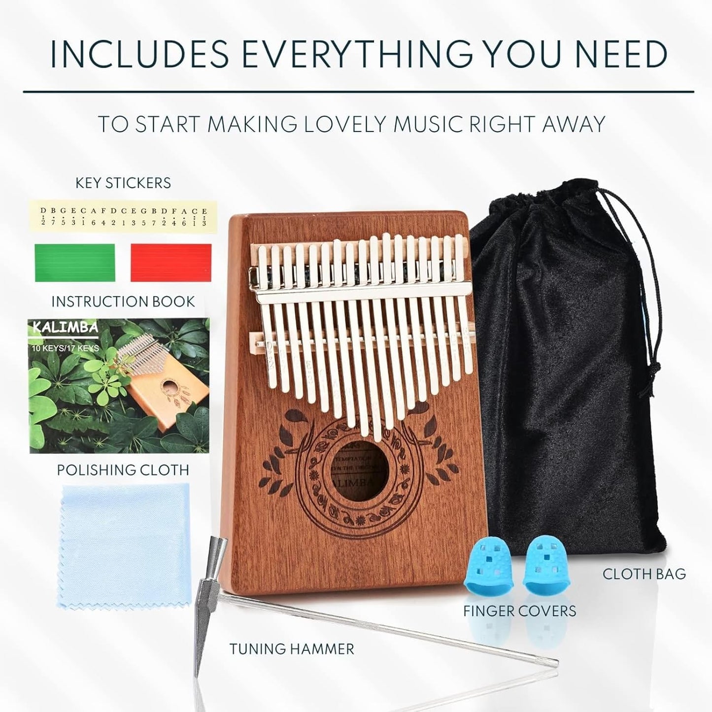 17-Key Kalimba Thumb Piano - Portable Mahogany Percussion Mbira Instrument - Beginner Tuning Set, Music Instruments for Kids Gifts - Light Brown