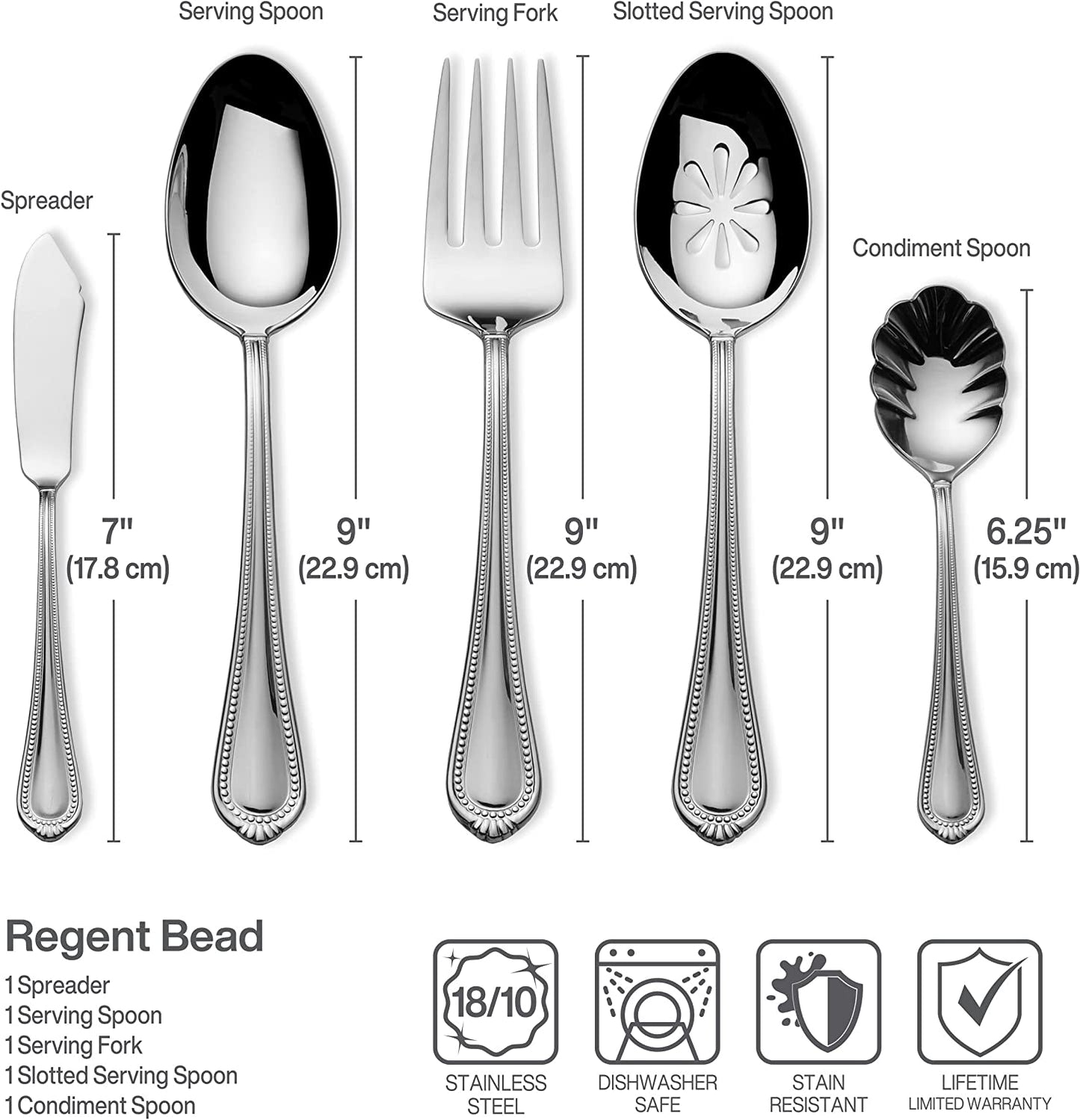 Regent Bead 65-Piece Silverware Set, 18/10 Stainless Steel Flatware Service for 12, Includes 5 Serving Tools, Dishwasher Safe Polished Cutlery