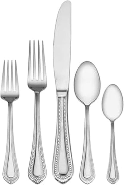 Regent Bead 65-Piece Silverware Set, 18/10 Stainless Steel Flatware Service for 12, Includes 5 Serving Tools, Dishwasher Safe Polished Cutlery