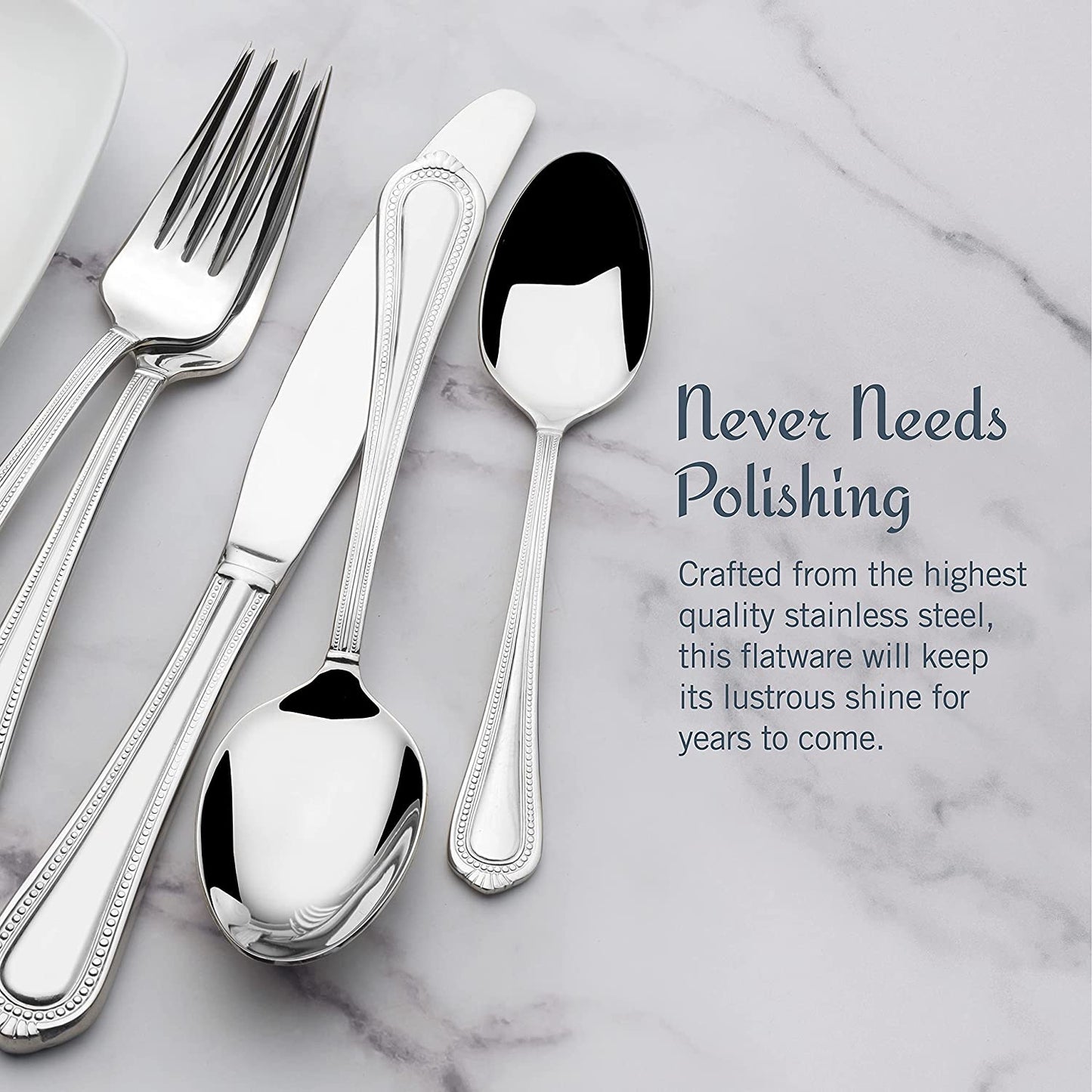 Regent Bead 65-Piece Silverware Set, 18/10 Stainless Steel Flatware Service for 12, Includes 5 Serving Tools, Dishwasher Safe Polished Cutlery