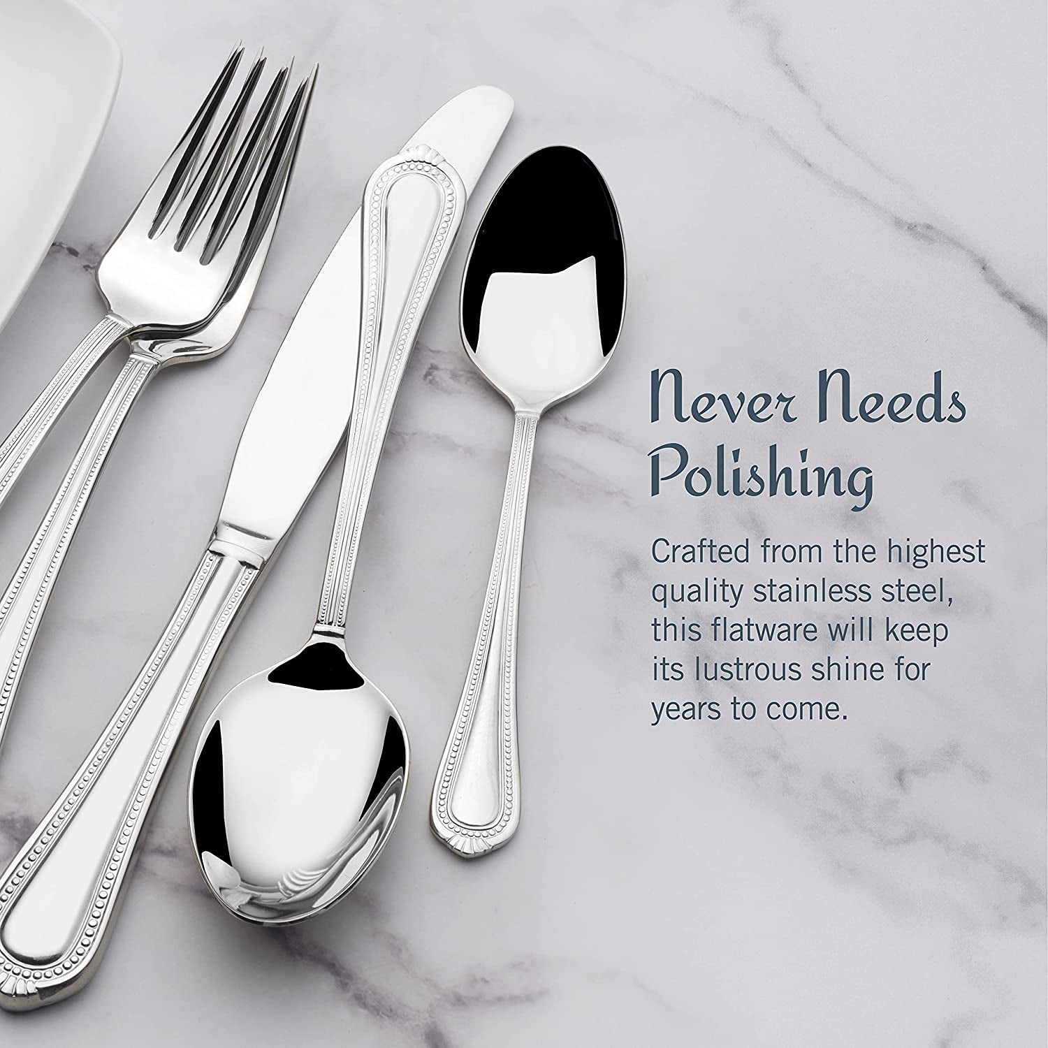 Regent Bead 65-Piece Silverware Set, 18/10 Stainless Steel Flatware Service for 12, Includes 5 Serving Tools, Dishwasher Safe Polished Cutlery