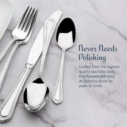 Regent Bead 65-Piece Silverware Set, 18/10 Stainless Steel Flatware Service for 12, Includes 5 Serving Tools, Dishwasher Safe Polished Cutlery